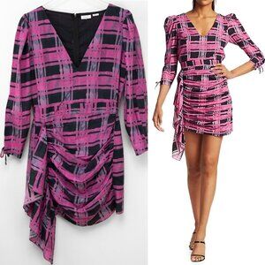 Rhode Piper Mini Dress Plaid Puff Shoulder 3/4 Sleeve Pink Black Size Medium
